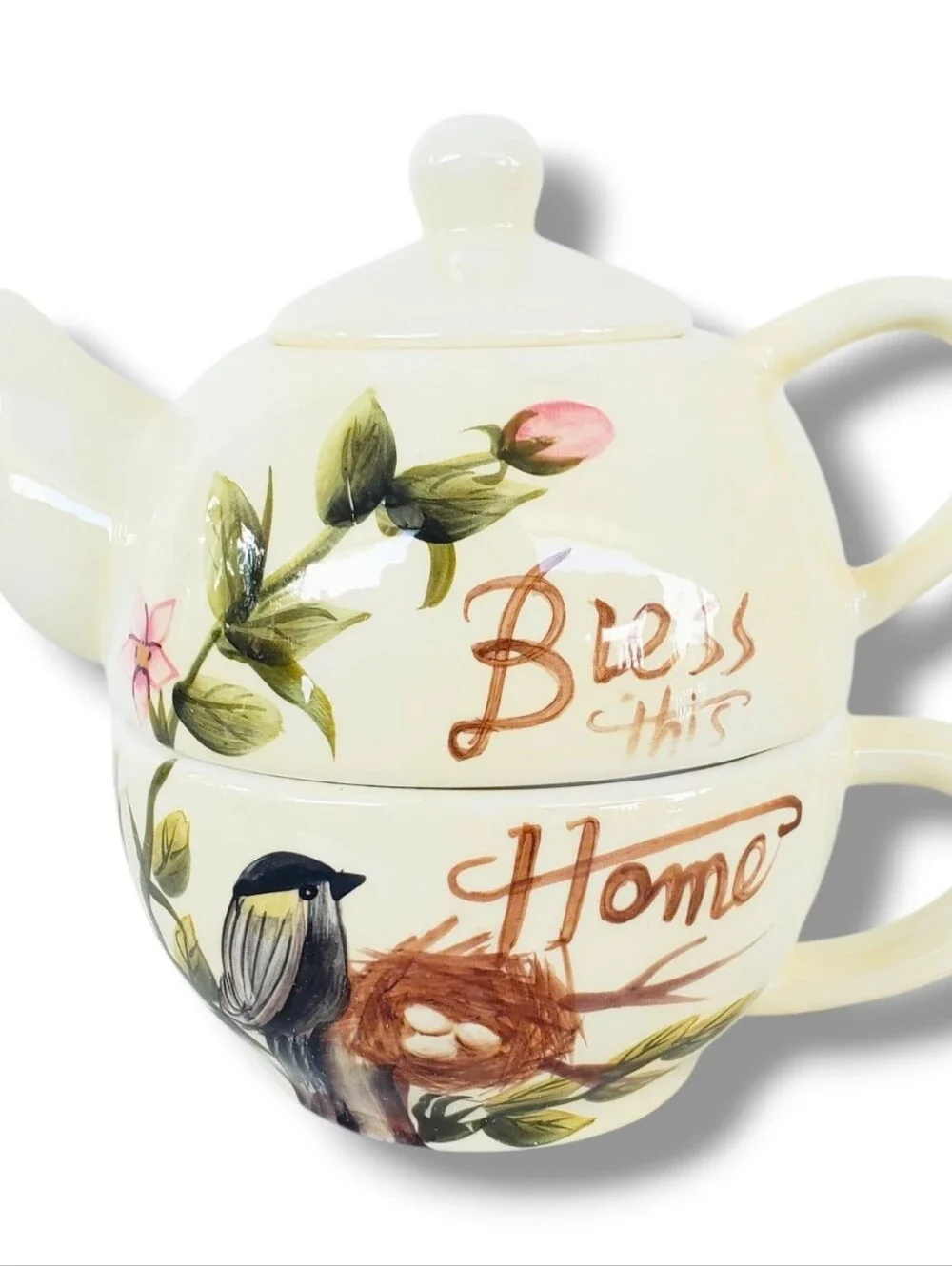 Miniature Porcelain Tea For One Set Bird Floral Stackable Teapot Cup Saucer